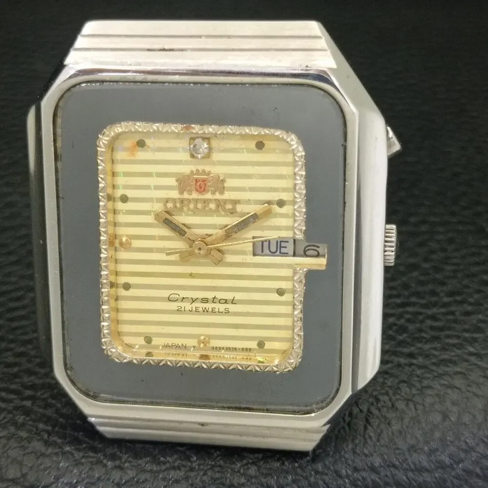 Vintage 1979 Square Orient Automatic Mens Silver Watch W/daydate & Gold accents